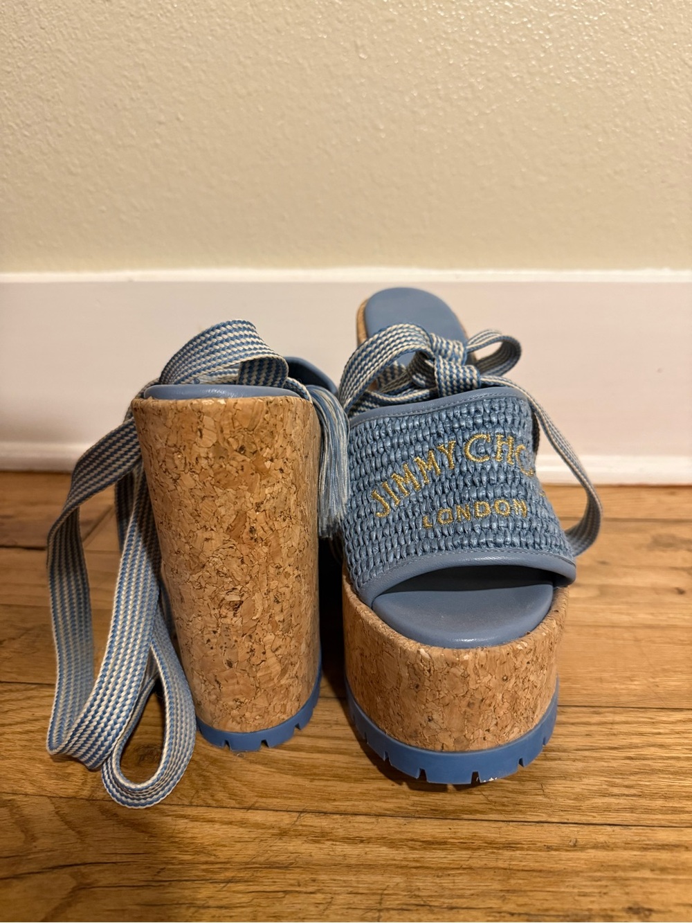 Jimmy Choo Gal Wedge 130 Raffia- Powder Blue Woven Cork Lace-Up Platform Sandals - Picture 2 of 6